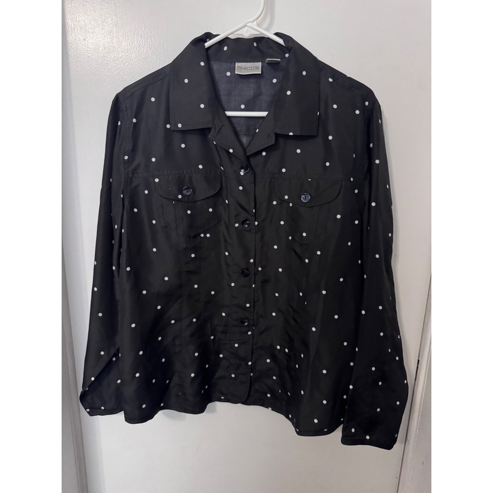 Chicos 100% Silk Polka Dot Button Down Shirt Black White Size 2 L Large